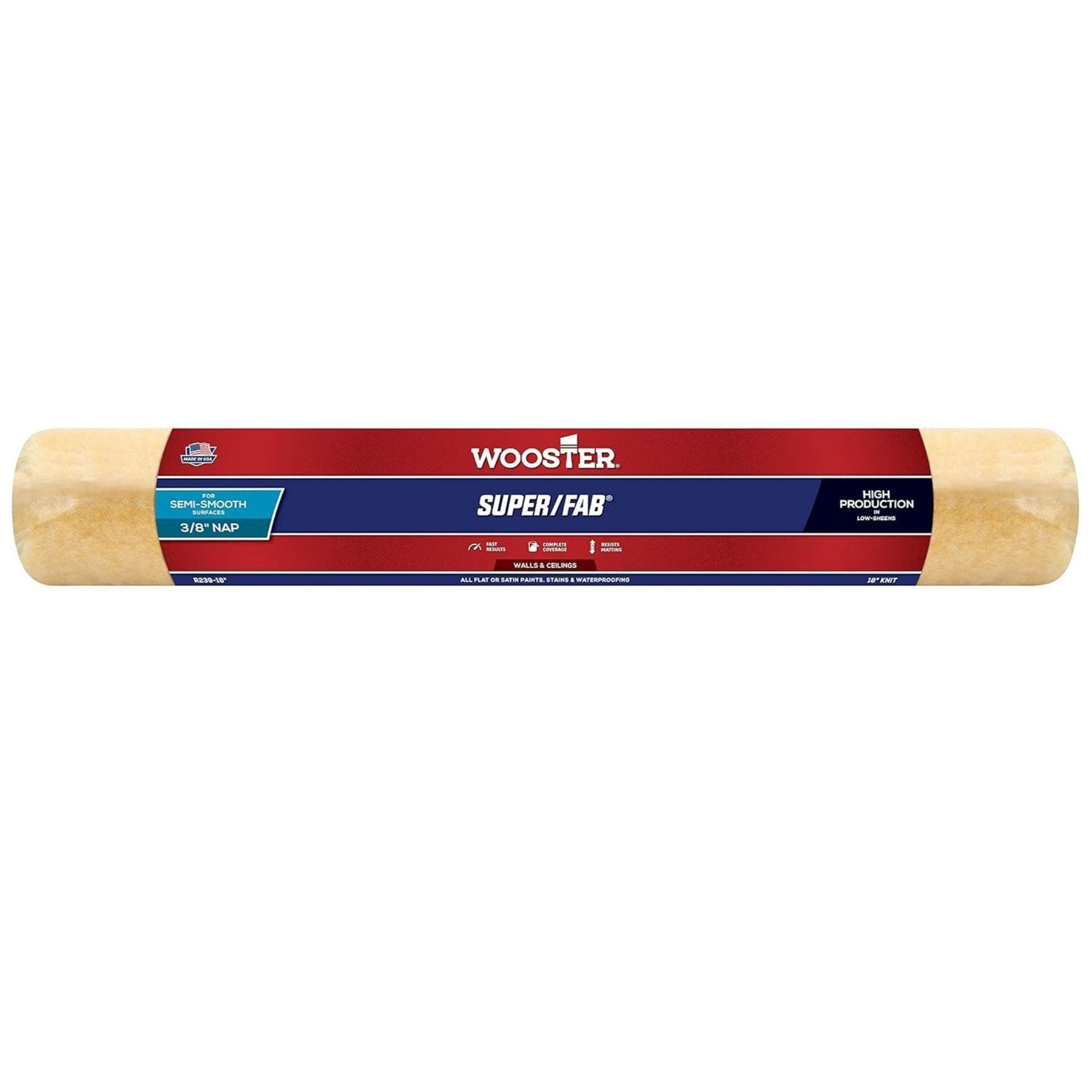 Introducing the WOOSTER R239-18 Super/Fab 18 in. x 3/8 in. Golden Yellow Knit Paint Roller Cover, ideal for achieving a smooth application on semi-smooth to smooth surfaces. It features light production fabric and comes packaged in red, white, and blue packaging.